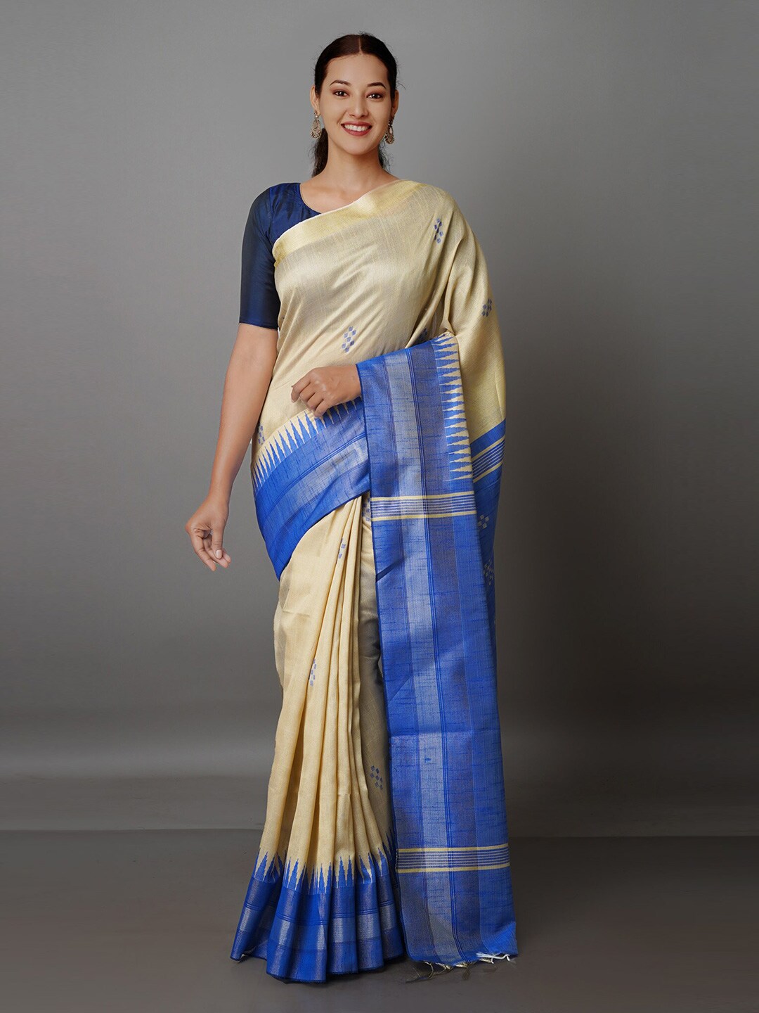 Unnati Silks Cream-Coloured & Blue Woven Design Zari Silk Blend Jamdani Saree Price in India