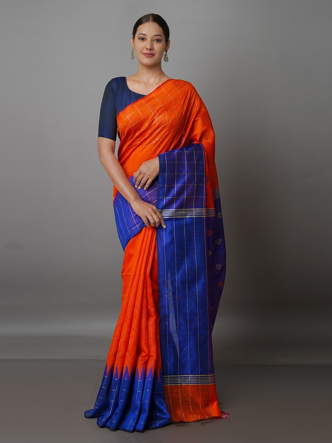 Unnati Silks Orange & Blue Woven Design Silk Blend Jamdani Saree Price in India