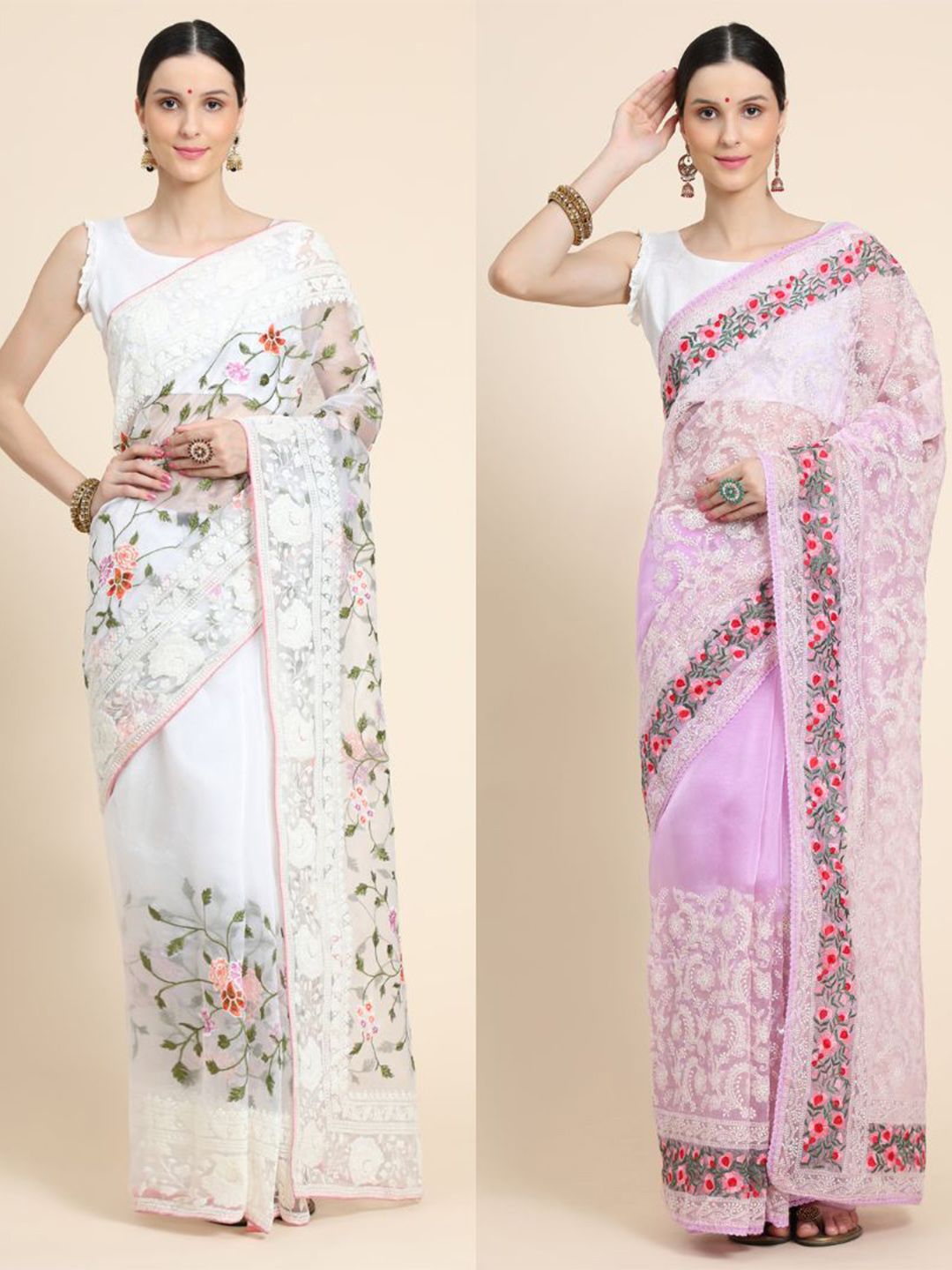 Vastrasky Global Pack of 2 Floral Embroidered Silk Cotton Mysore Silk Saree Price in India