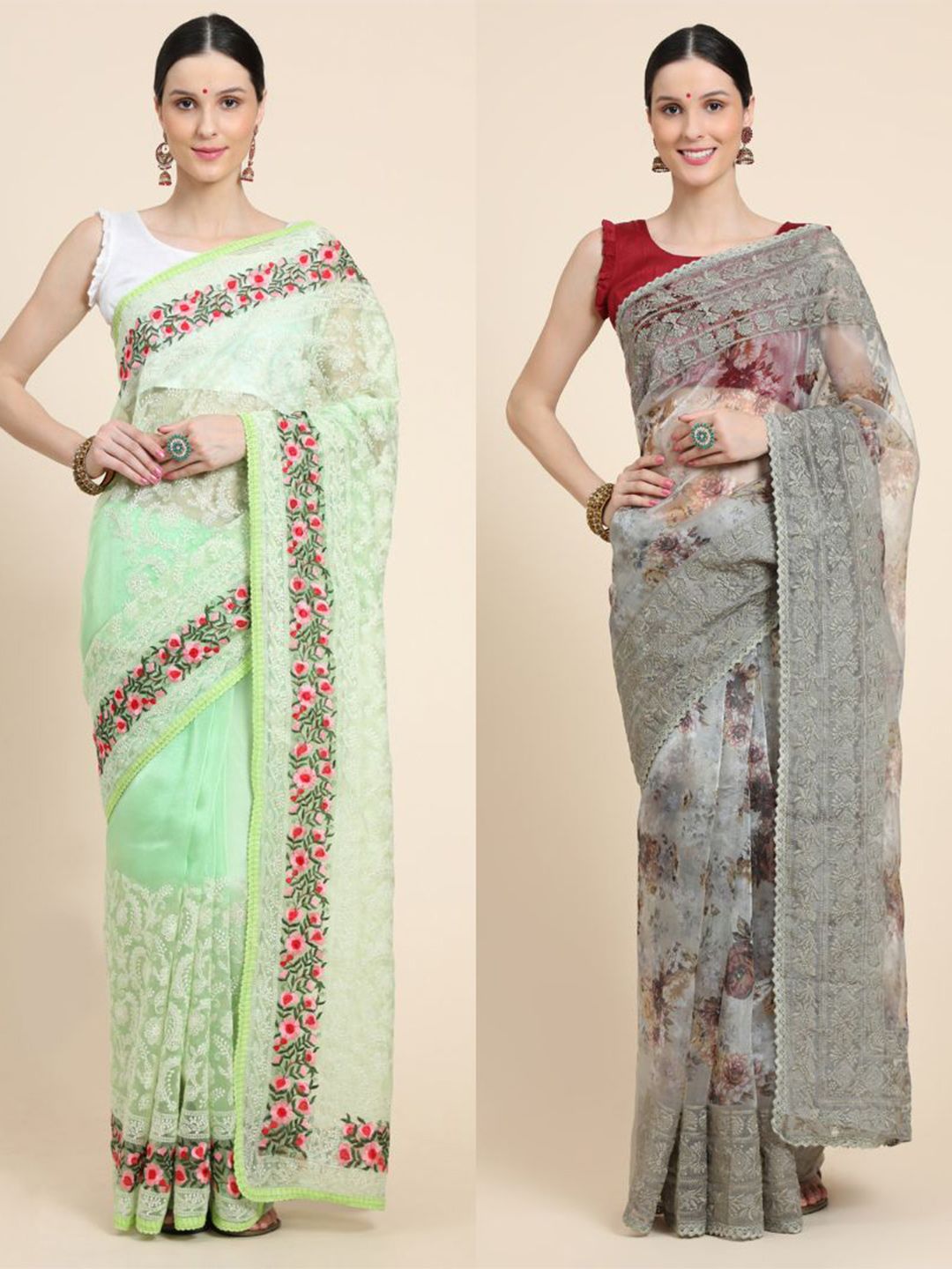 Vastrasky Global Green & Grey Floral Embroidered Silk Cotton Ready to Wear Mysore Silk Saree Price in India