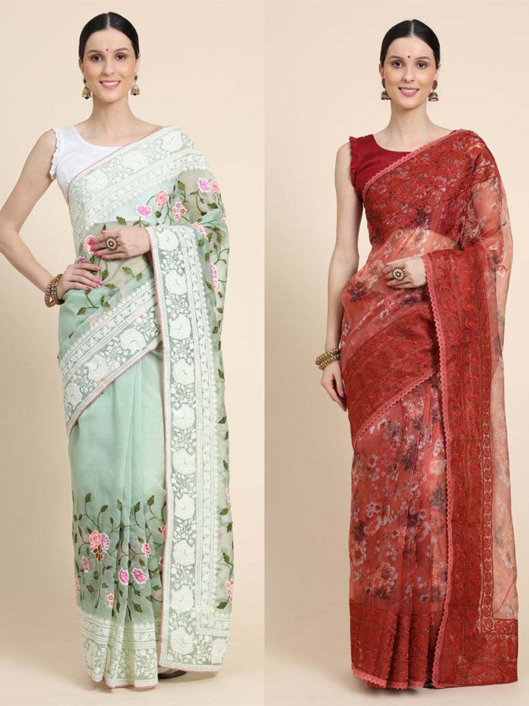 Vastrasky Global Green & Red Floral Embroidered Silk Cotton Ready to Wear Mysore Silk Saree Price in India