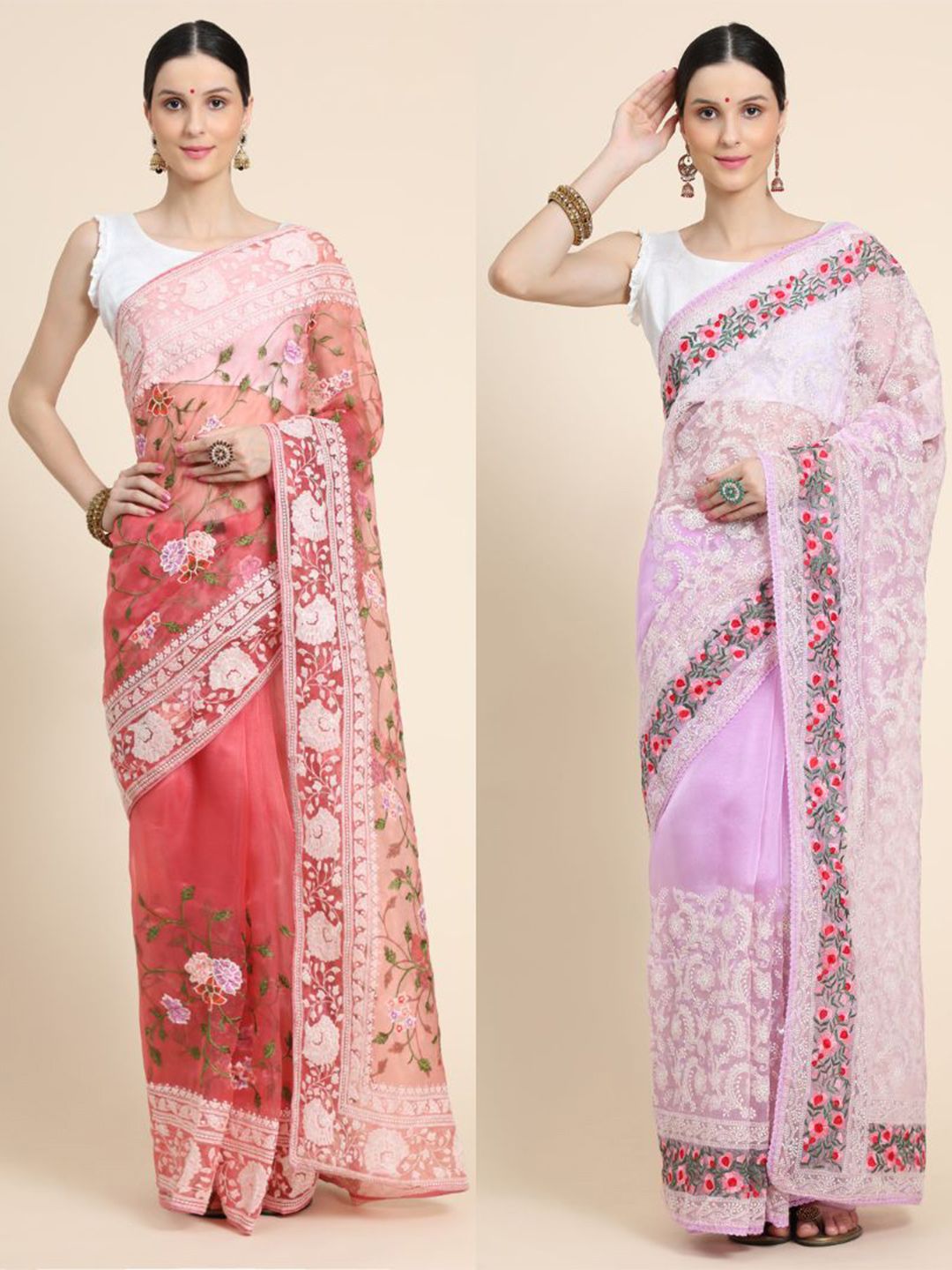 Vastrasky Global Red & Lavender Floral Embroidered Silk Cotton Ready to Wear Mysore Silk Saree Price in India