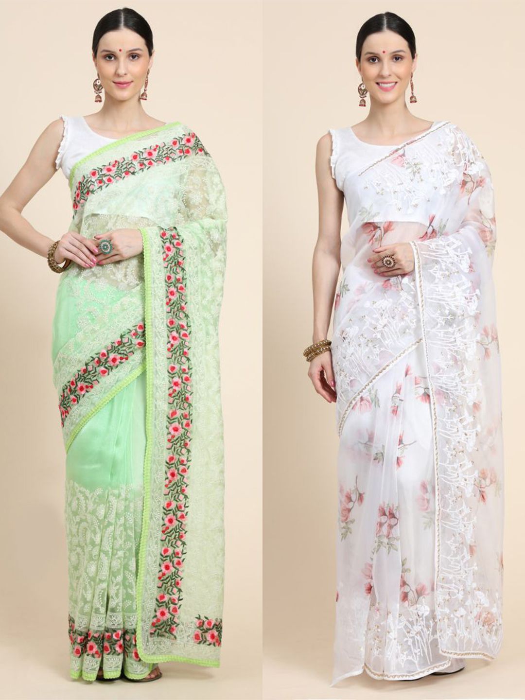 Vastrasky Global White & Green Floral Embroidered Silk Cotton Ready to Wear Mysore Silk Saree Price in India