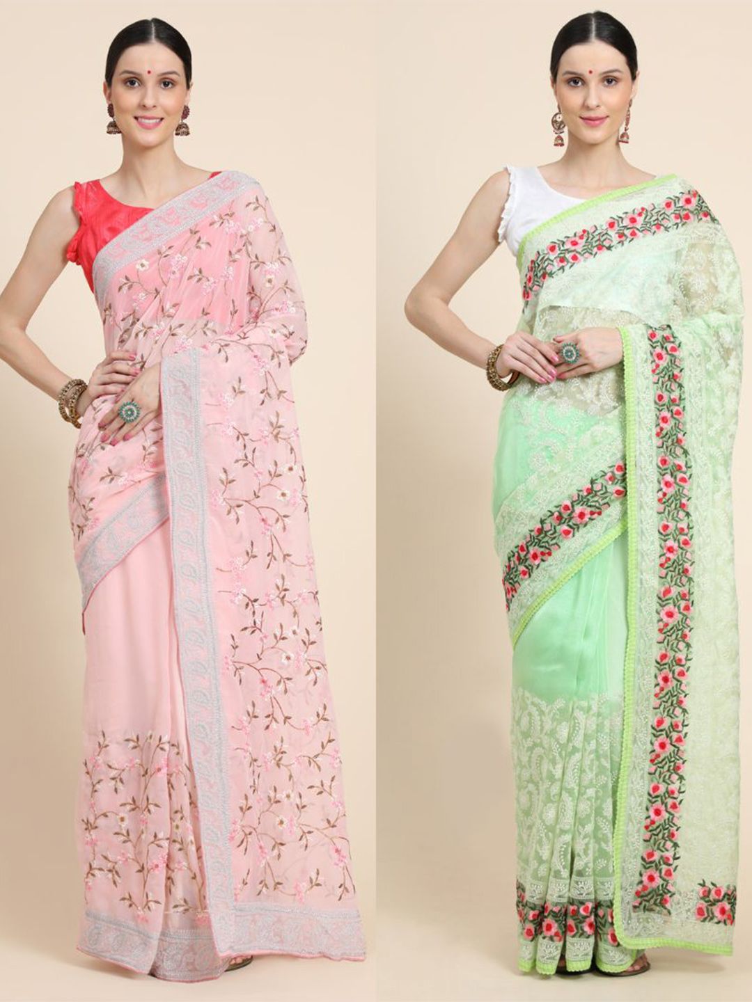 Vastrasky Global Green & Pink Floral Phulkari Silk Cotton Ready to Wear Mysore Silk Saree Price in India