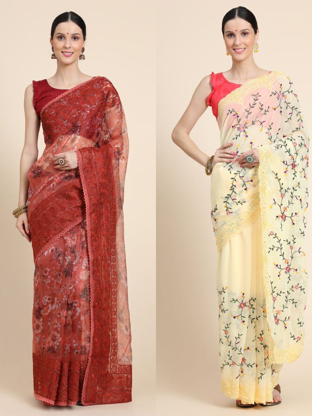 Vastrasky Global Yellow & Maroon Floral Embroidered Silk Cotton Ready to Wear Mysore Silk Saree Price in India