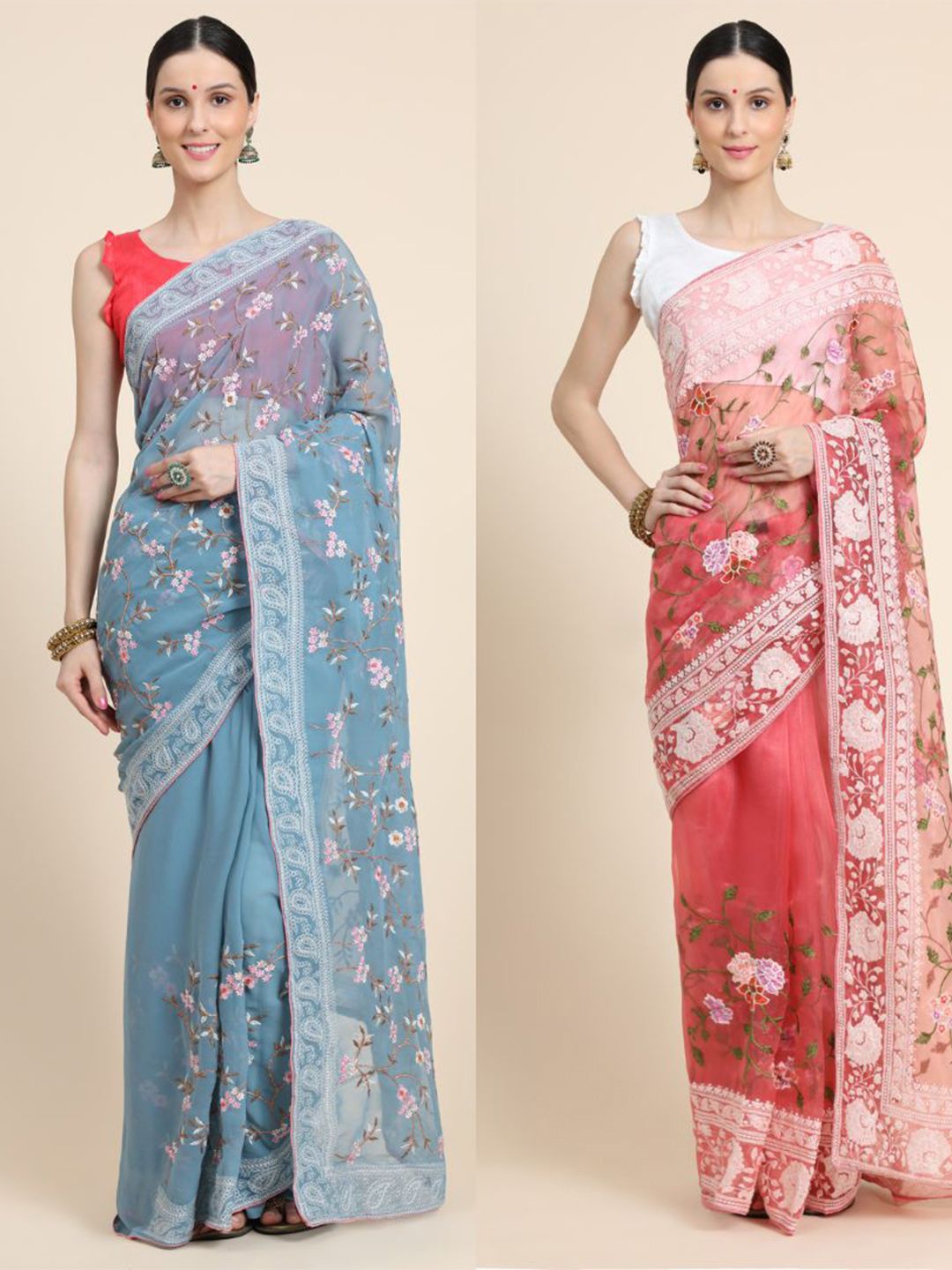 Vastrasky Global Red & Blue Floral Embroidered Silk Cotton Ready to Wear Mysore Silk Saree Price in India