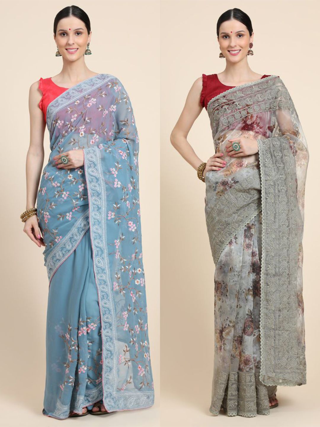 Vastrasky Global Green & Blue Floral Embroidered Silk Cotton Ready to Wear Mysore Silk Saree Price in India