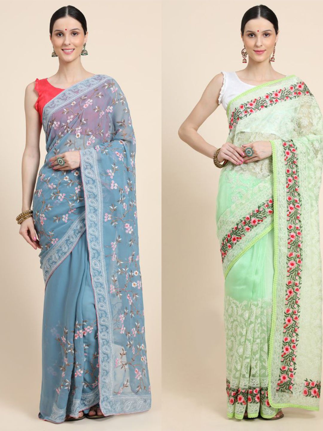 Vastrasky Global Blue & Green Floral Embroidered Silk Cotton Ready to Wear Mysore Silk Saree Price in India