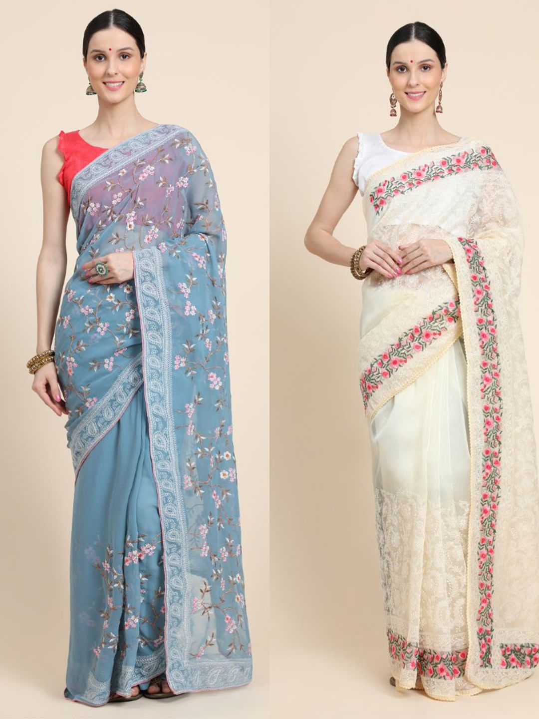 Vastrasky Global Cream-Coloured & Blue Floral Embroidered Silk Cotton Ready to Wear Mysore Silk Saree Price in India