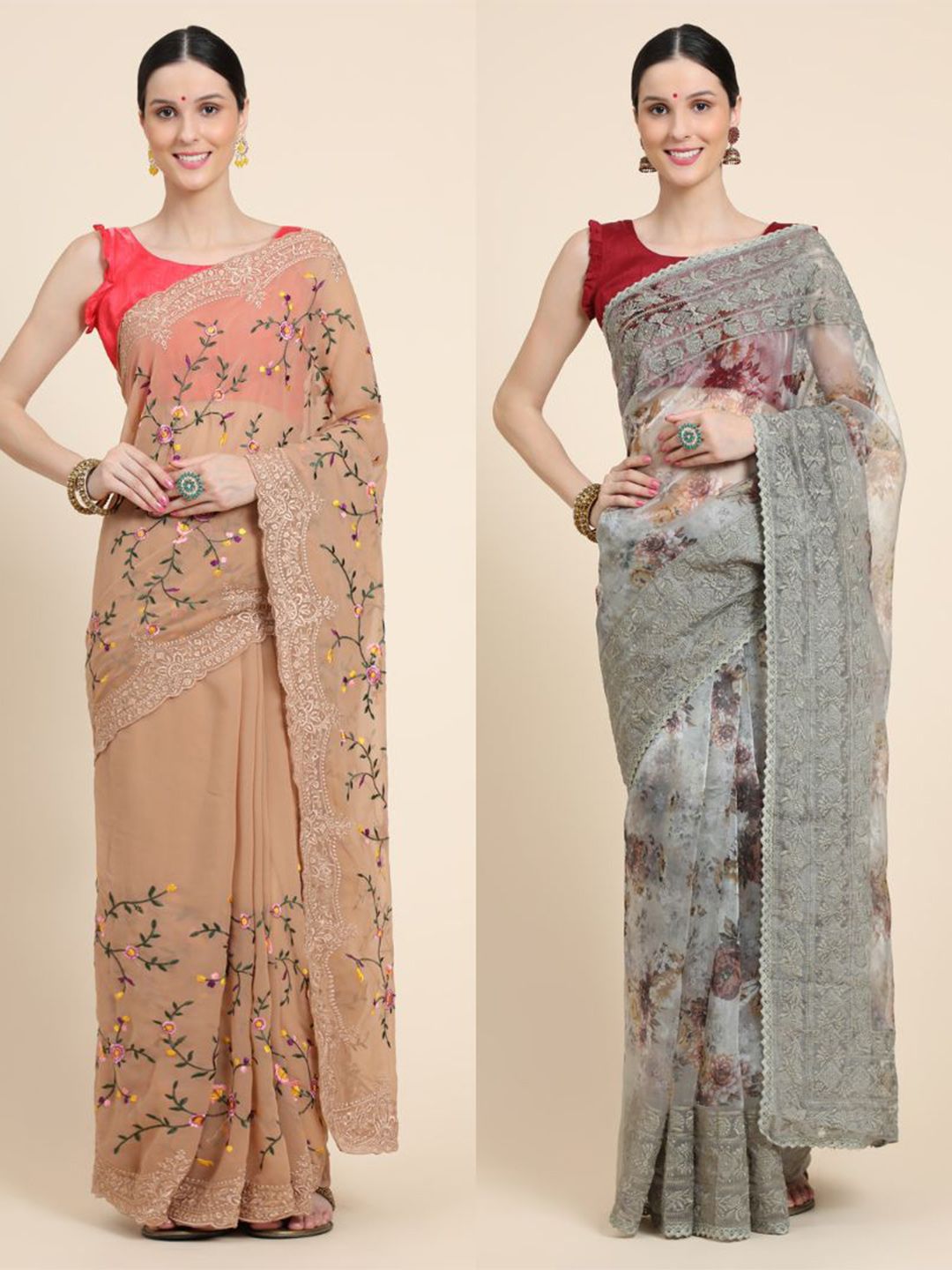 Vastrasky Global Grey & Brown Floral Embroidered Silk Cotton Ready to Wear Mysore Silk Saree Price in India