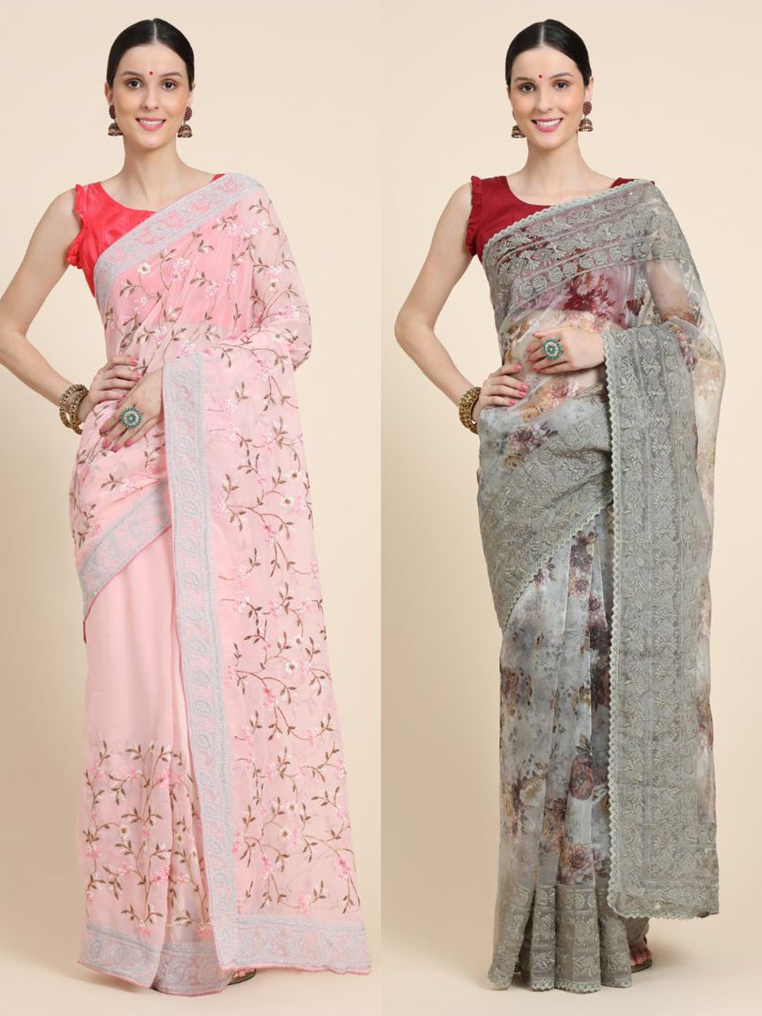 Vastrasky Global Pink & Grey Floral Embroidered Silk Cotton Ready to Wear Mysore Silk Saree Price in India