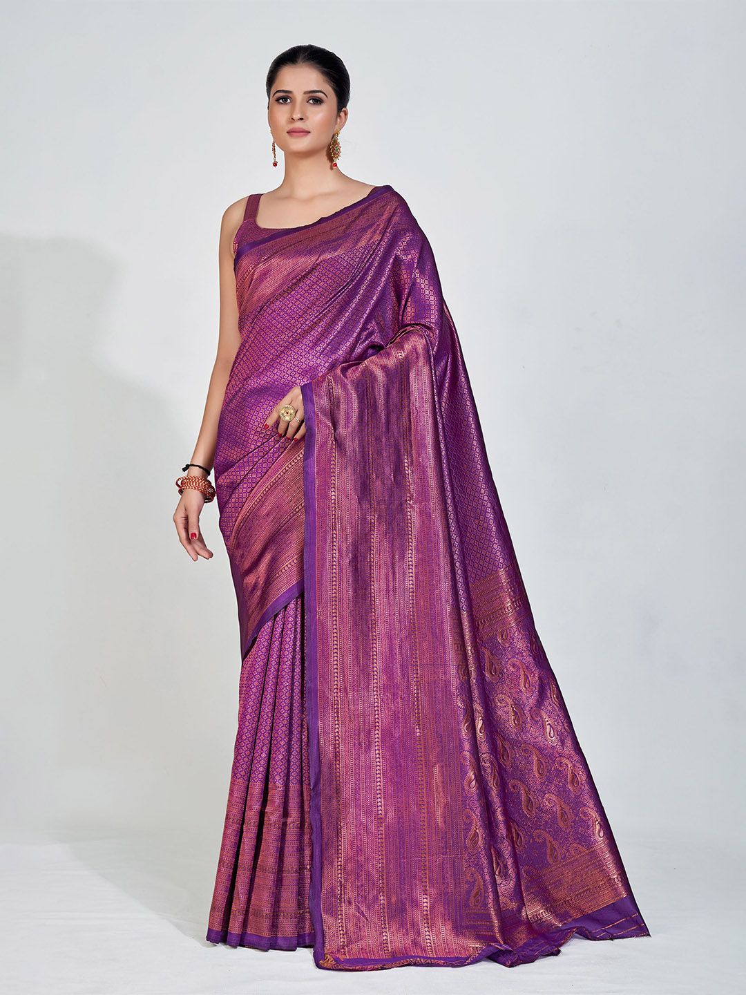 DRESSTIVE Purple & Gold-Toned Woven Design Zari Brocade Saree Price in India