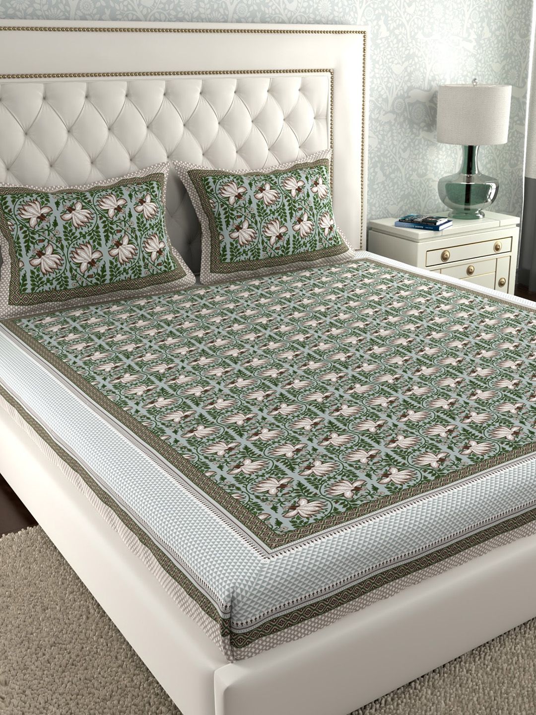 LA VERNE Jaipuri Green Floral Cotton 140 TC King Bedsheet with 2 Pillow Covers-91 x 108 inches