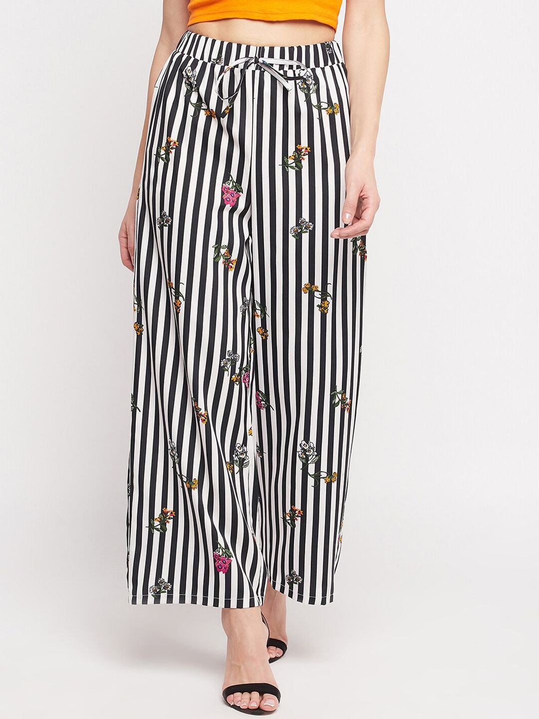 NABIA Women Black Striped Relaxed High-Rise Trousers Price in India