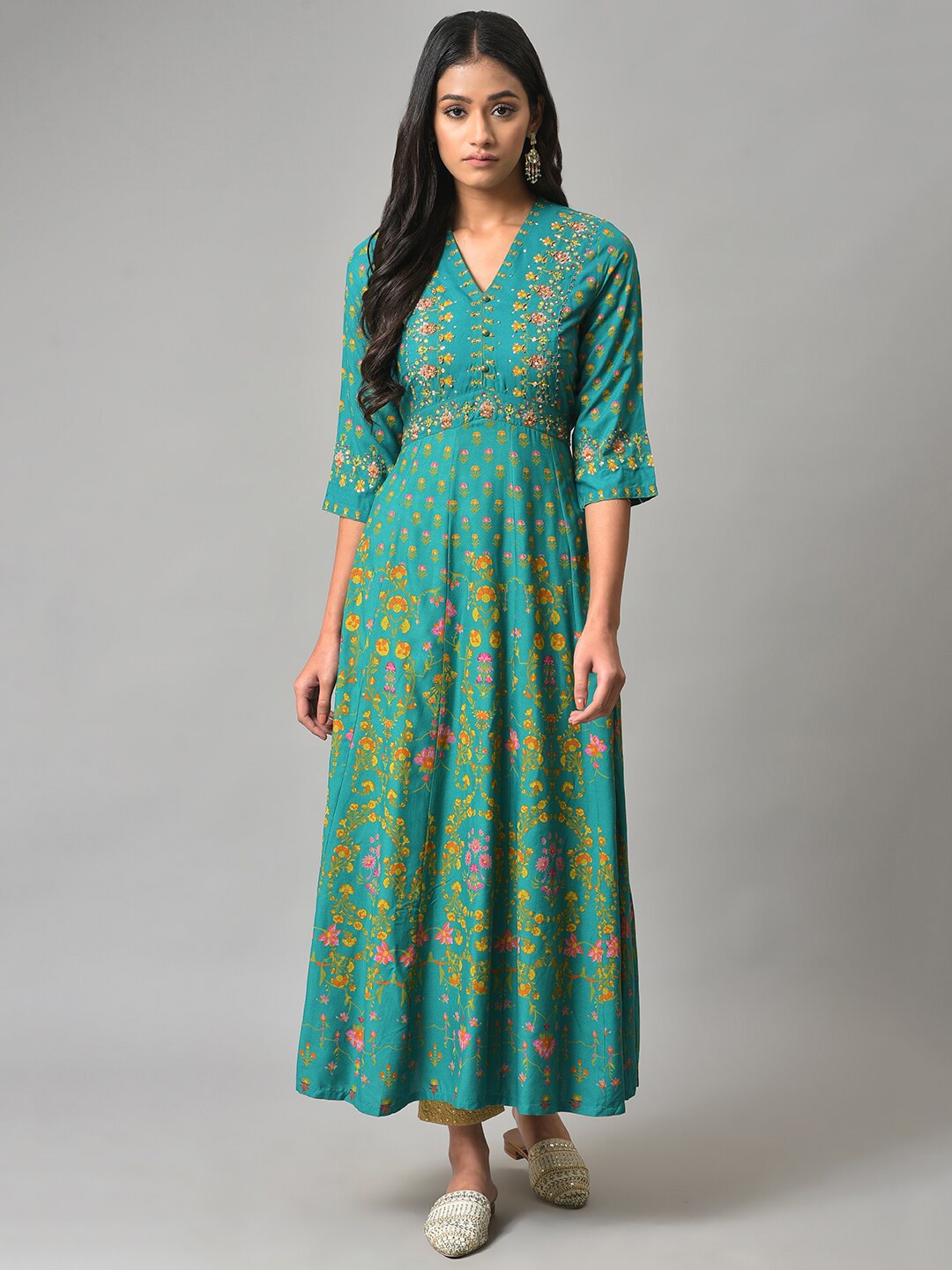 W Green Floral Printed Ethnic Maxi Dress Price in India
