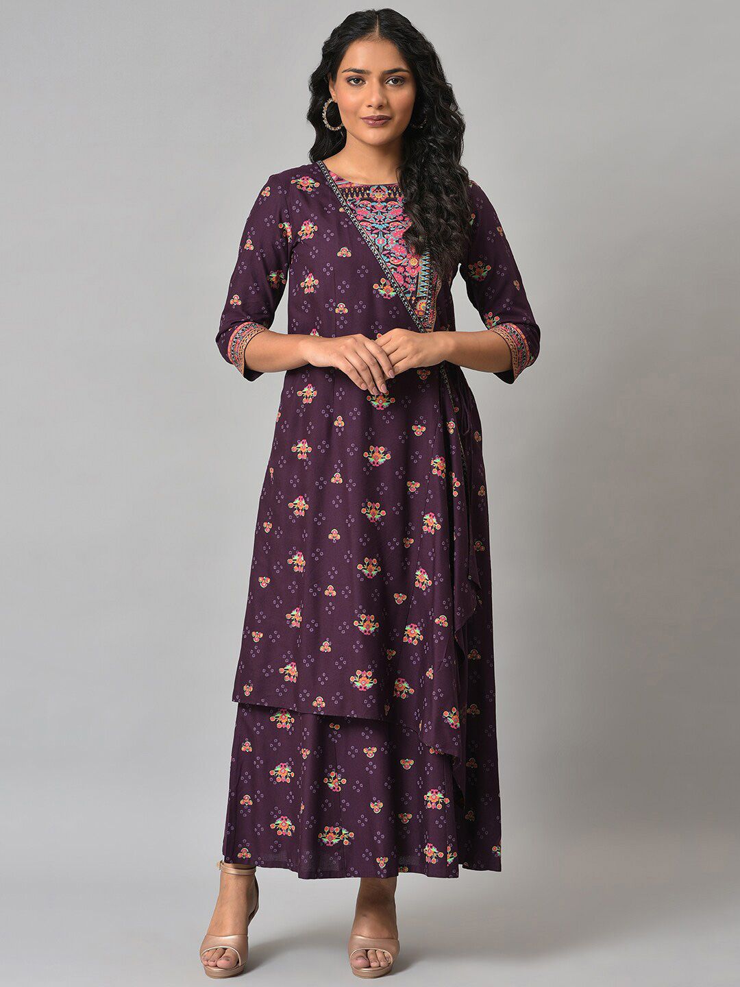 W Purple & Pink Printed Basic Jumpsuit Price in India