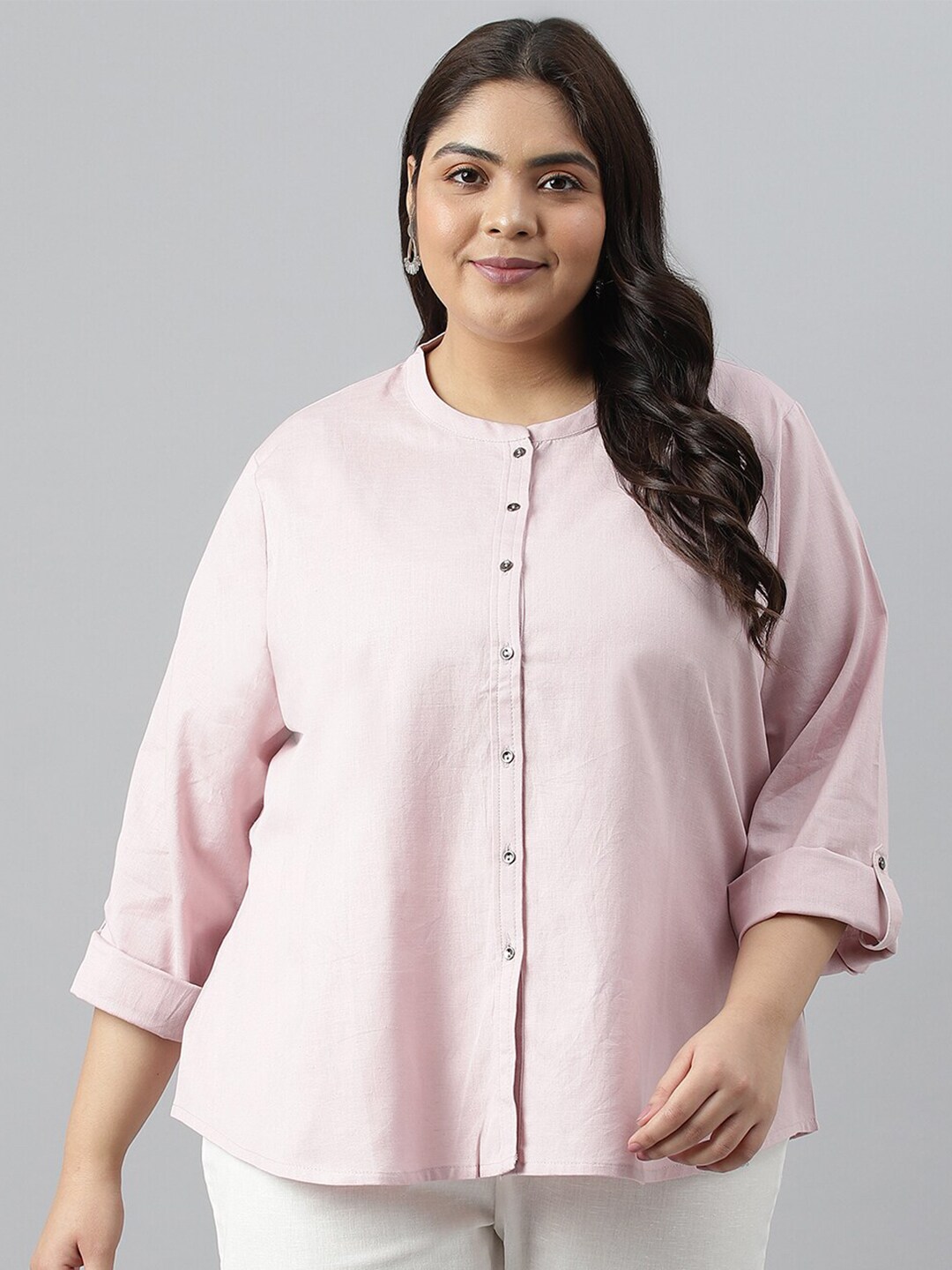 W Plus Size Cotton Roll-Up Sleeves Shirt Style Top Price in India