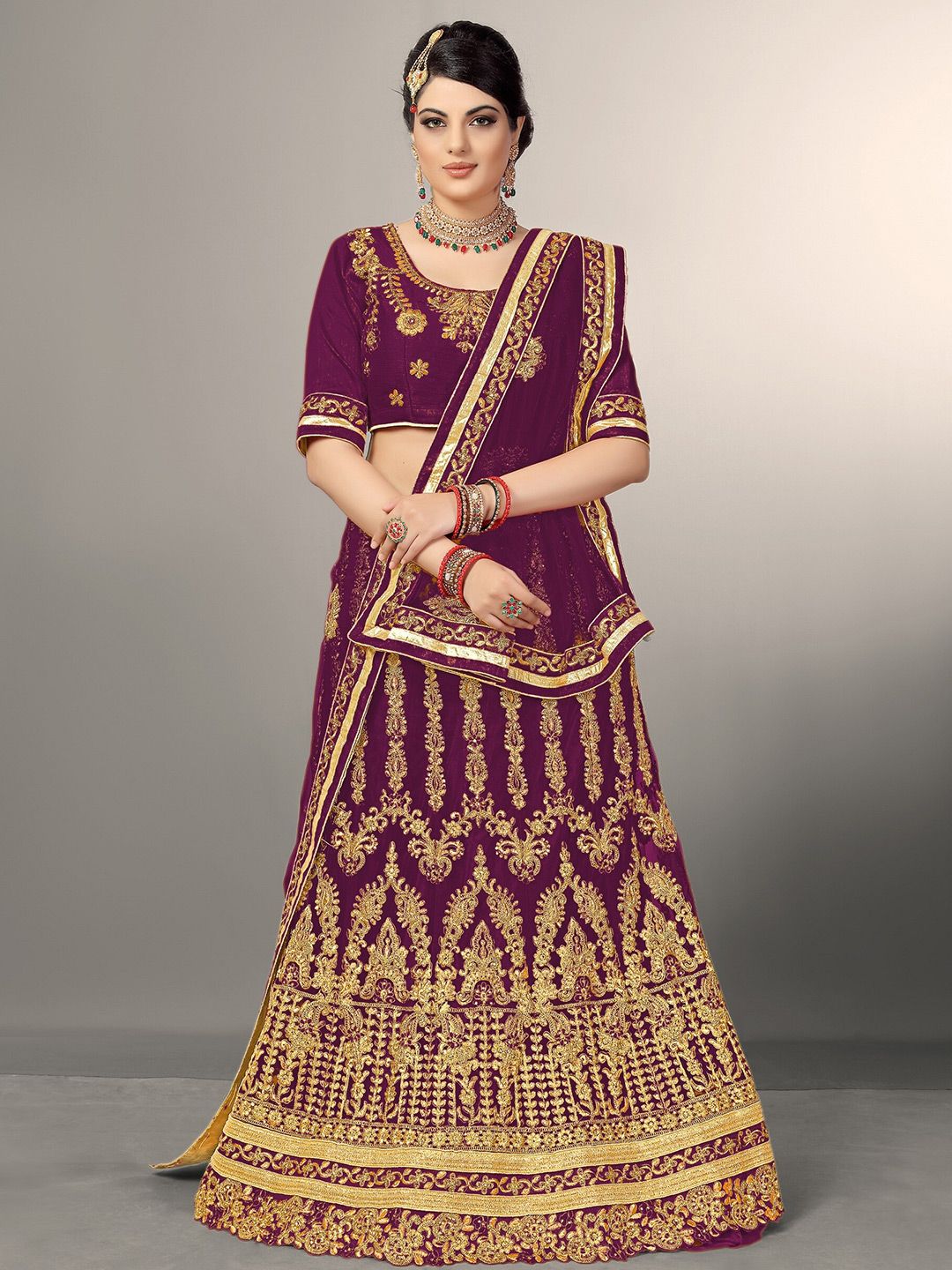 Sarvayog Fashion Purple & Gold-Toned Embroidered Semi-Stitched Lehenga & Unstitched Blouse With Dupatta Price in India