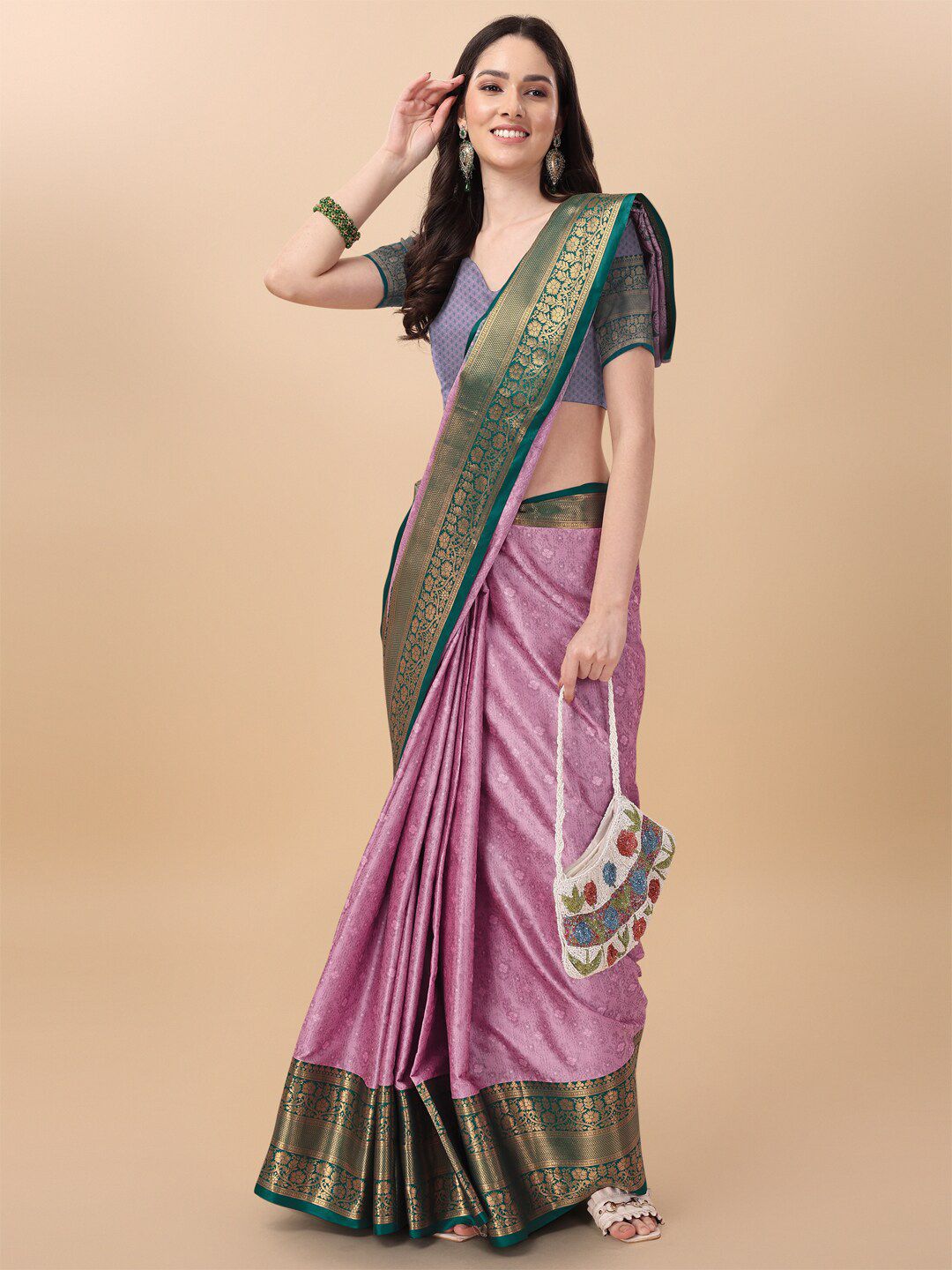 KALINI Woven Design Zari Bordered Pure Cotton Mysore Silk Saree Price in India