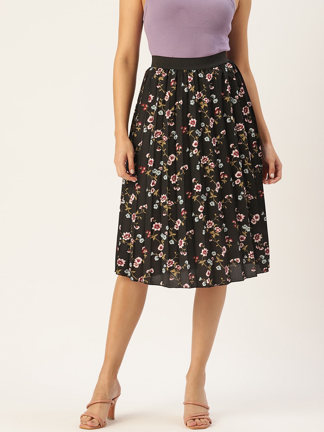 U&F Women Floral Print Flared Pleated A-Line Midi Skirt Price in India