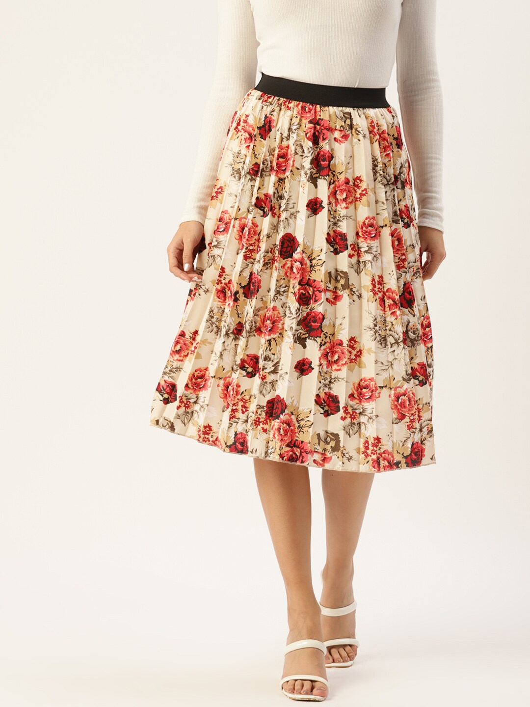 U&F Women Floral Print Flared Pleated A-Line Midi Skirt Price in India
