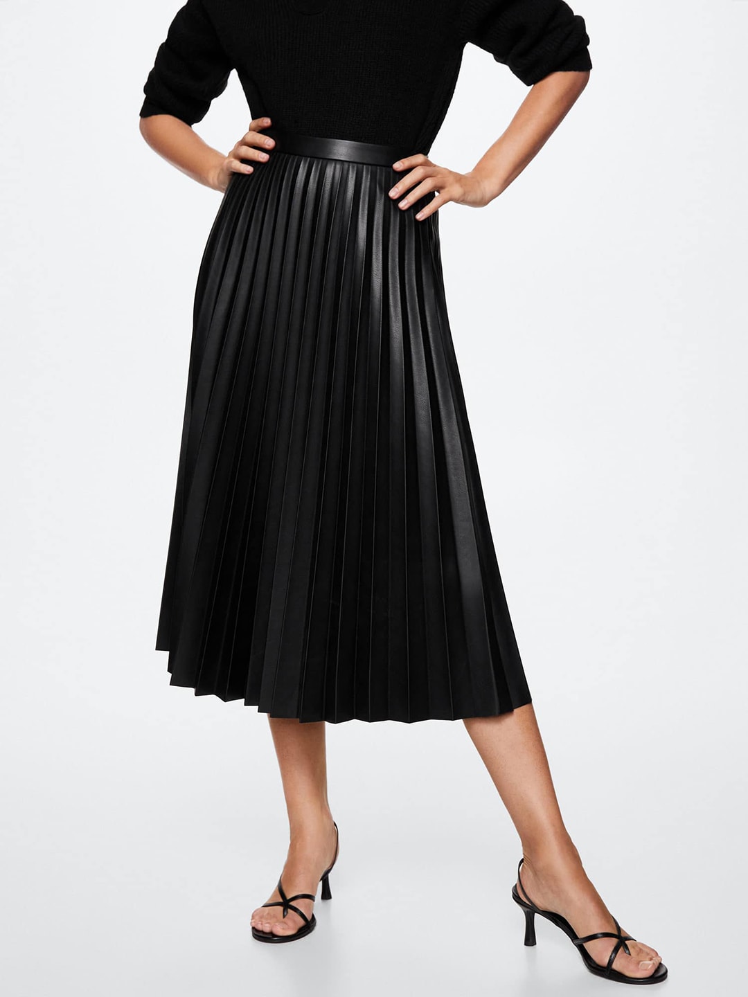 MANGO Women Faux Leather Accordion Pleat A-Line Skirt Price in India