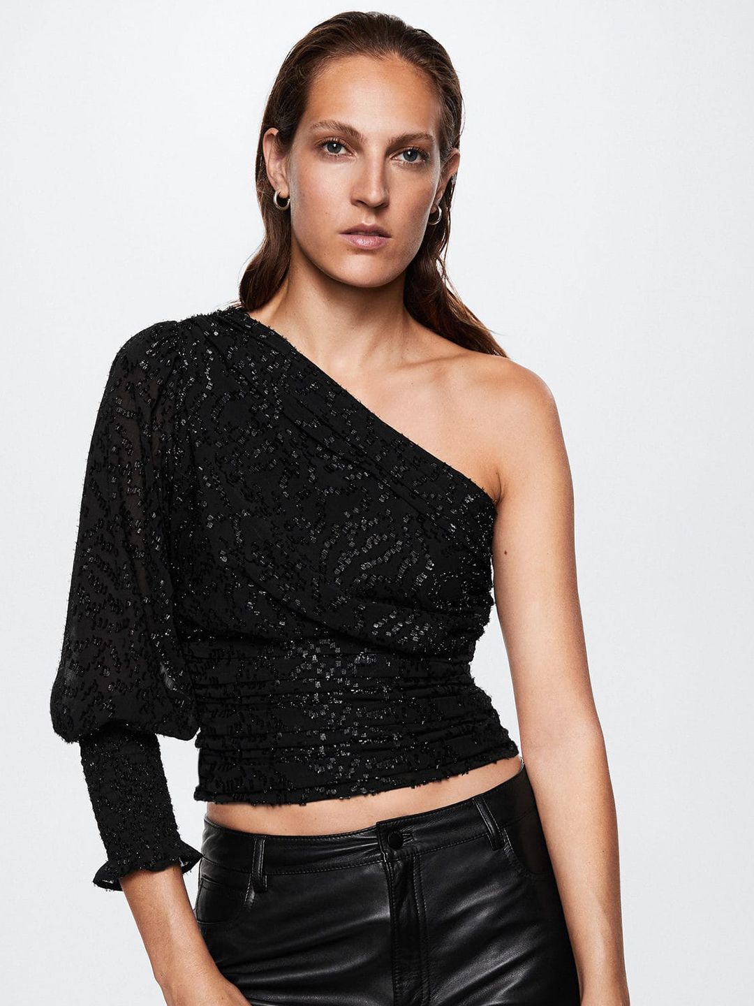 MANGO Sparkled One-Shoulder Blouson Crop Top Price in India