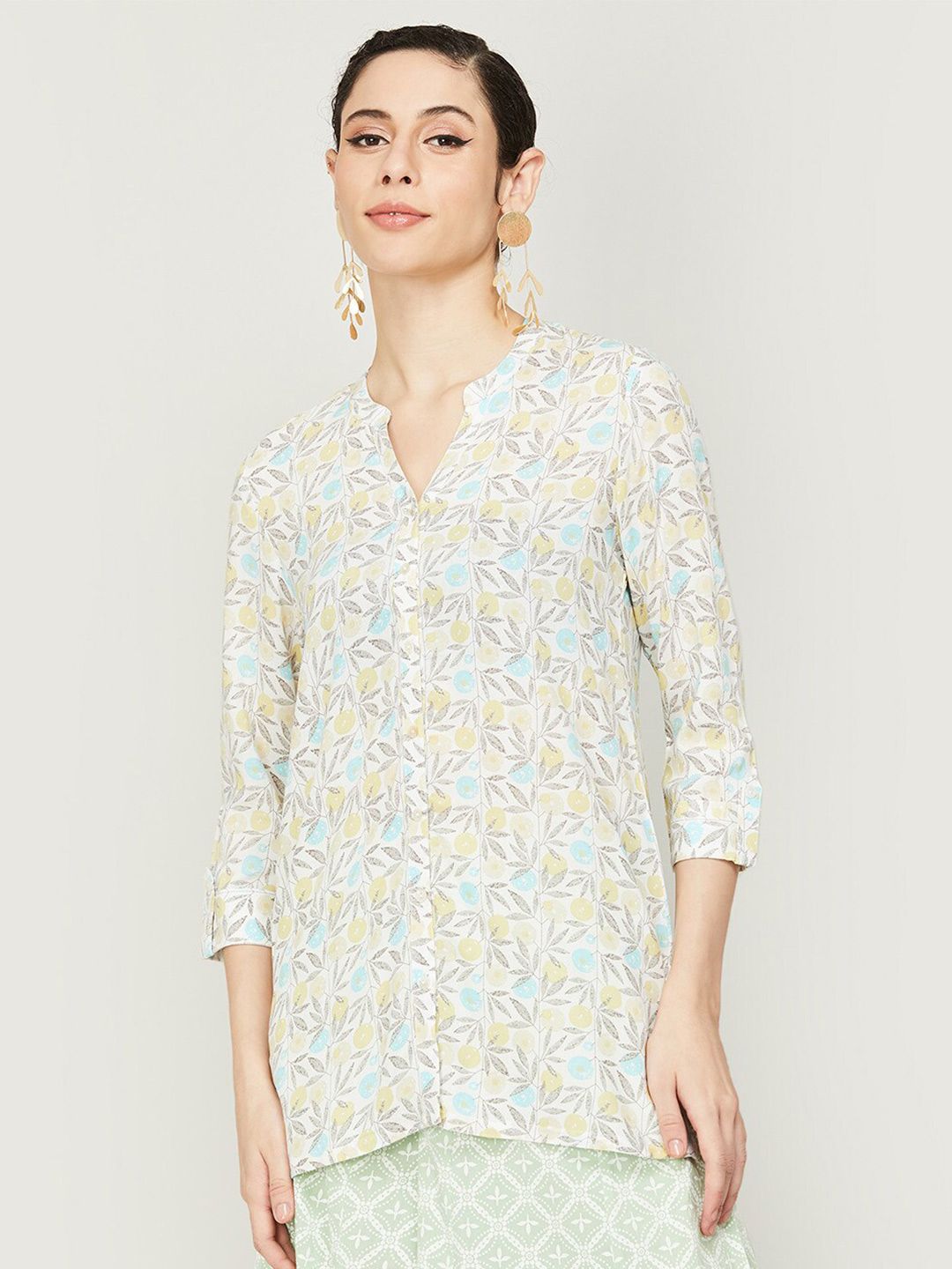 Melange by Lifestyle Floral Print Mandarin Collar Roll-Up Sleeves Shirt Style Top Price in India