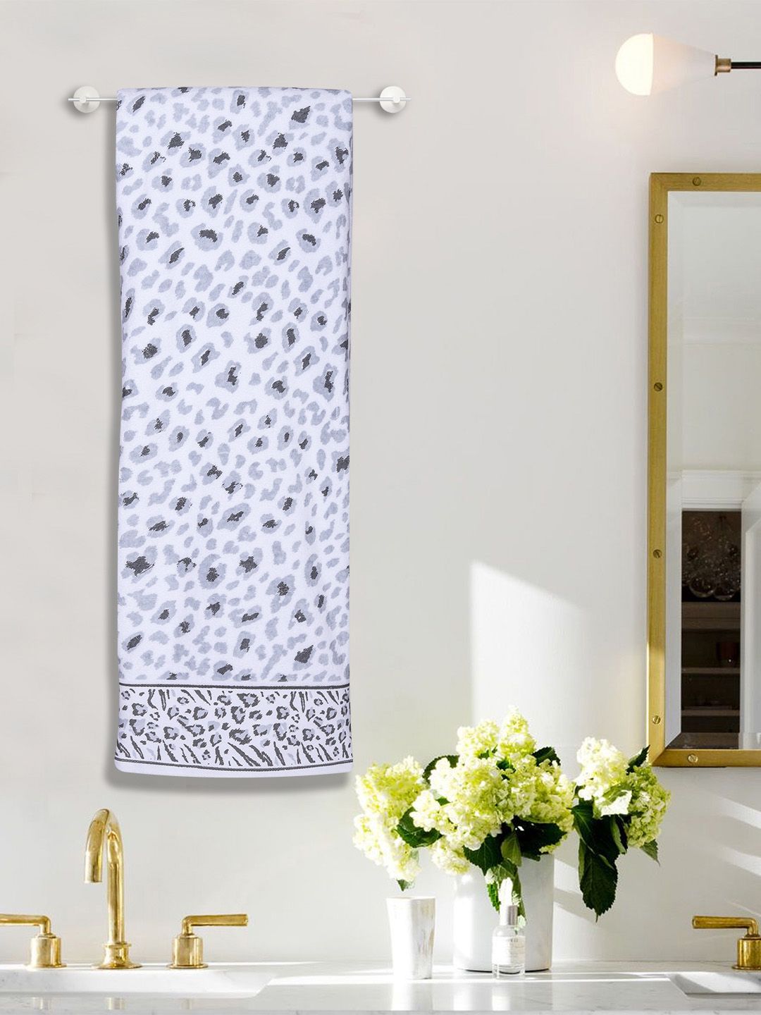 RANGOLI White & Grey Set Of 2 Leopard Print 500 GSM Pure Cotton Hand Towel Set