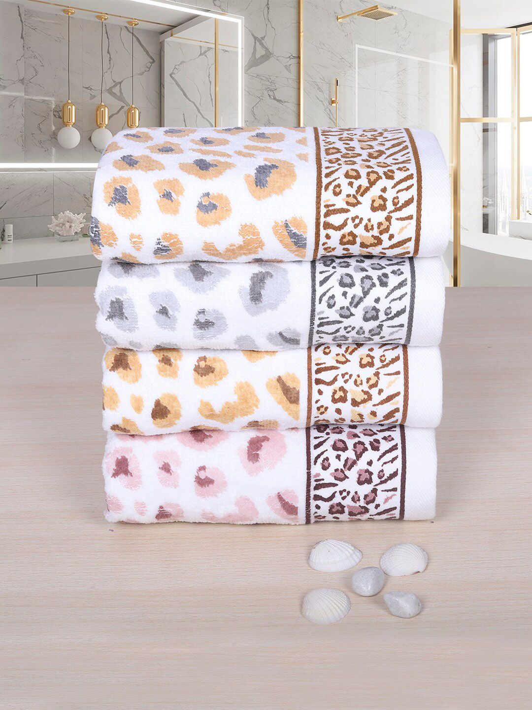 RANGOLI Grey & Pink Set Of 4 Leopard Printed Pure Cotton 500 GSM Hand Towels