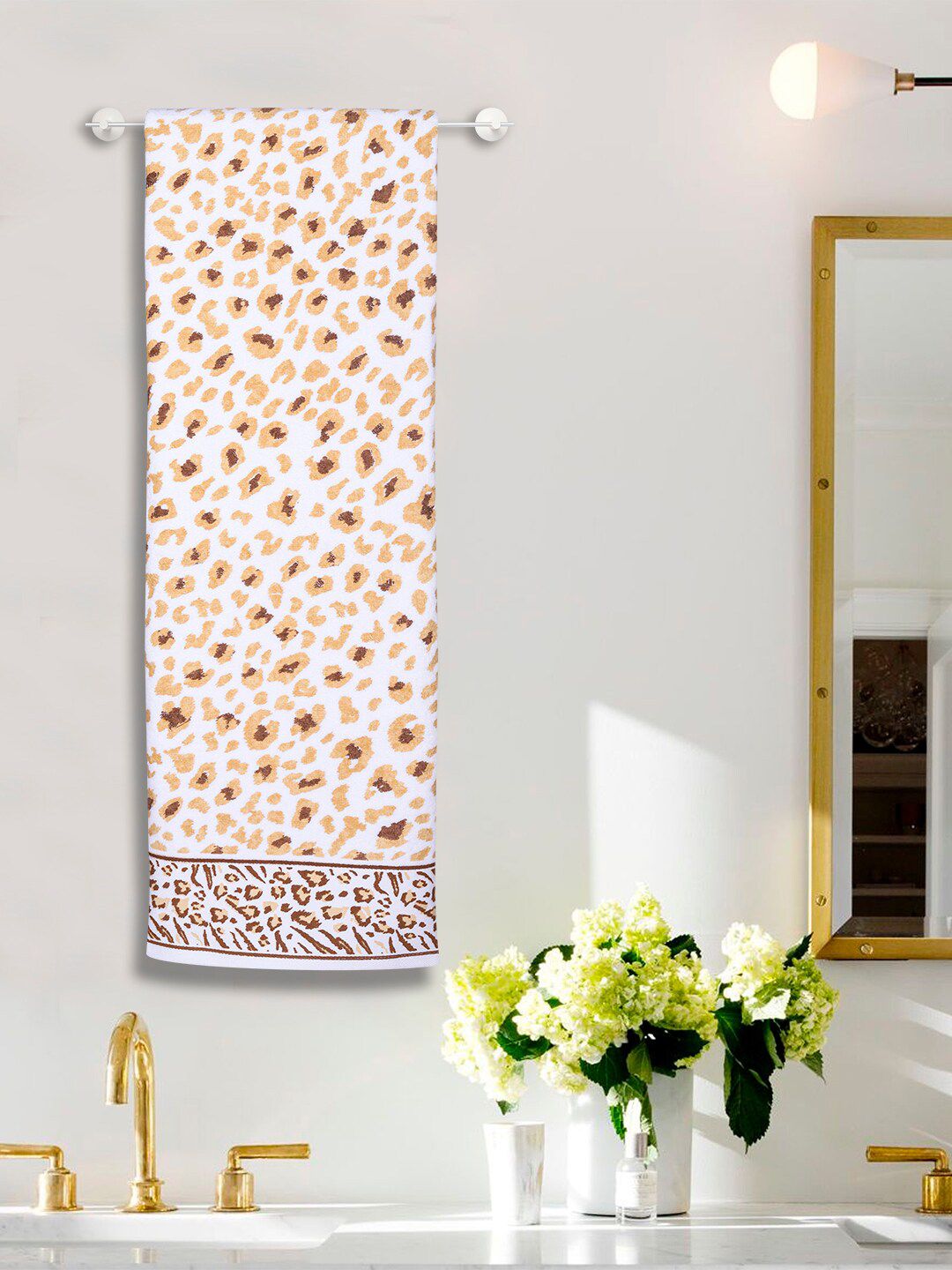 RANGOLI White & Beige 2 Piece Leopard Print 500 GSM Pure Cotton Bath Towels
