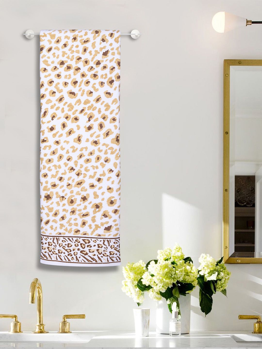 RANGOLI White & Beige Set Of 2 Leopard Print Pure Cotton 500 GSM Hand Towel