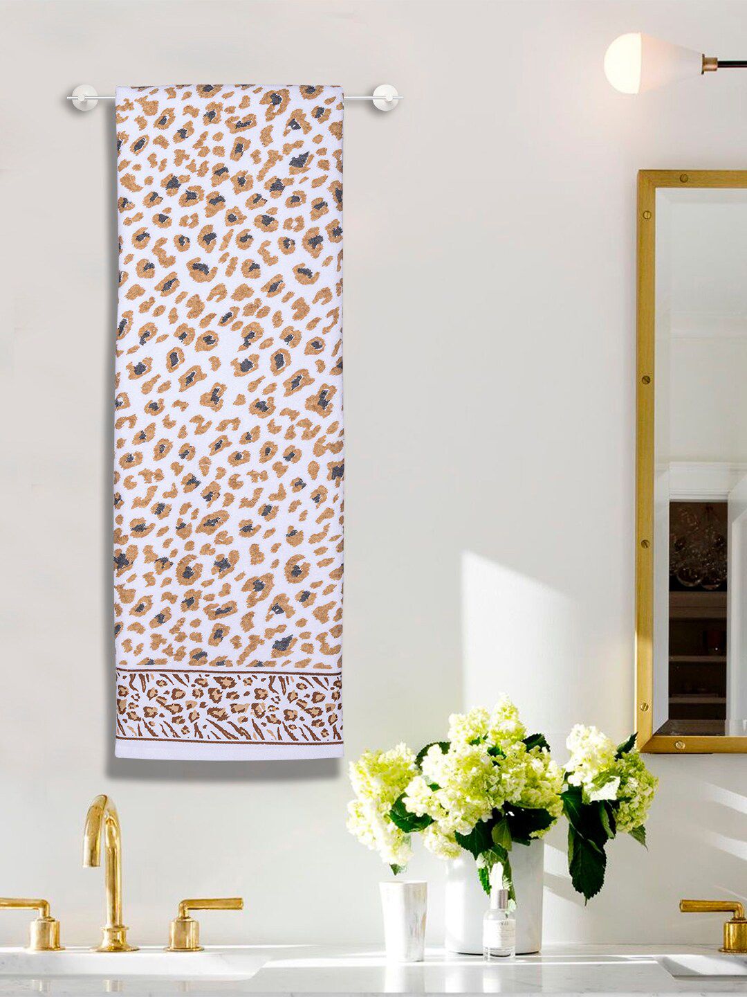 RANGOLI White & Brown Set Of 2 Leopard Print 500 GSM Pure Cotton Bath Towel