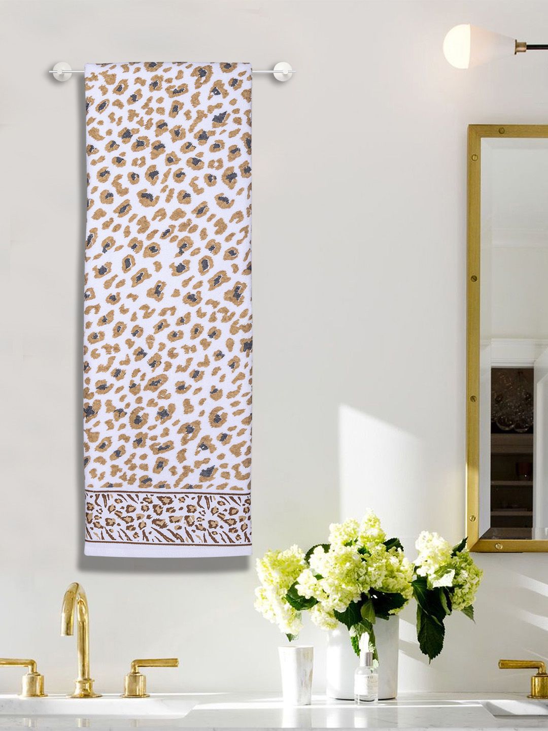 RANGOLI White & Brown Set Of 2 Snow Leopard Print GSM 500 Pure Cotton Towel Set