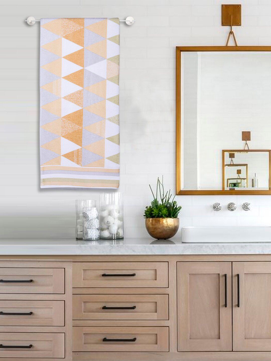 RANGOLI White and Beige Set Of 3 Printed 500 GSM Pure Cotton Towel Set