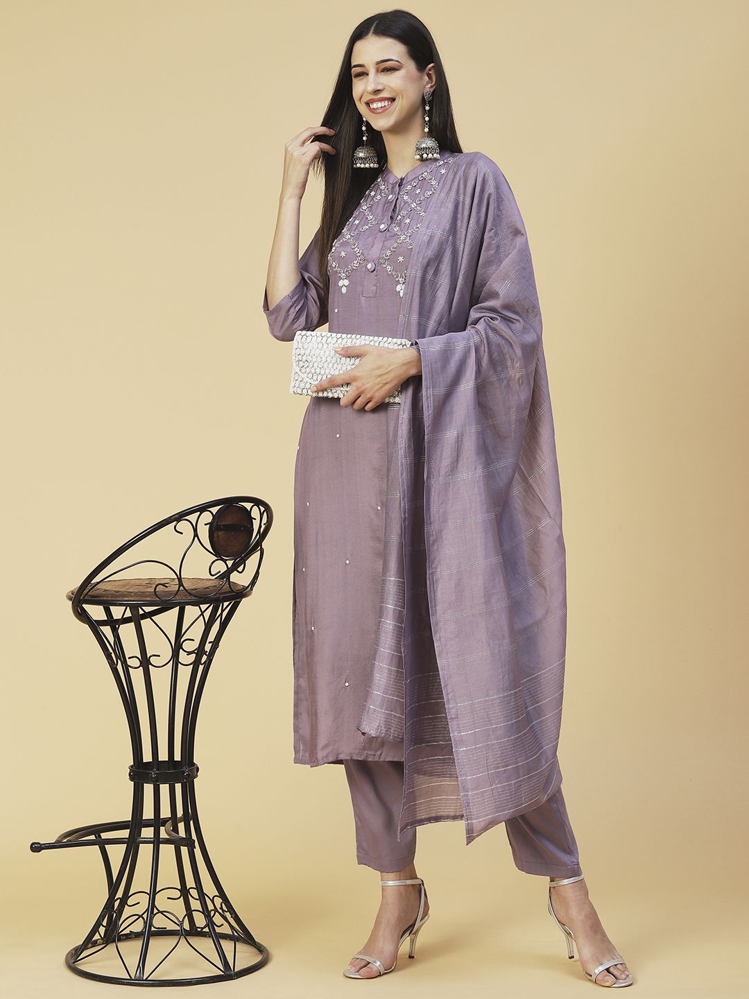 FASHOR Women Embroidered Beads and Stones Kurta with Trousers & Dupatta Price in India