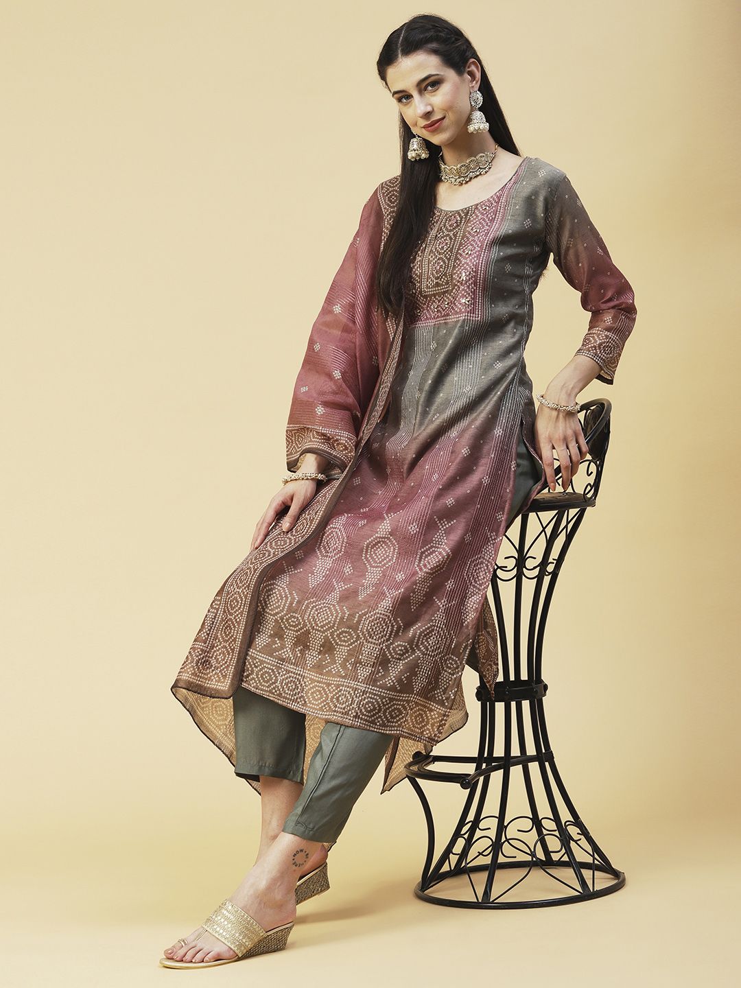 FASHOR Women Bandhani Printed Kurta with Trousers & Dupatta Price in India