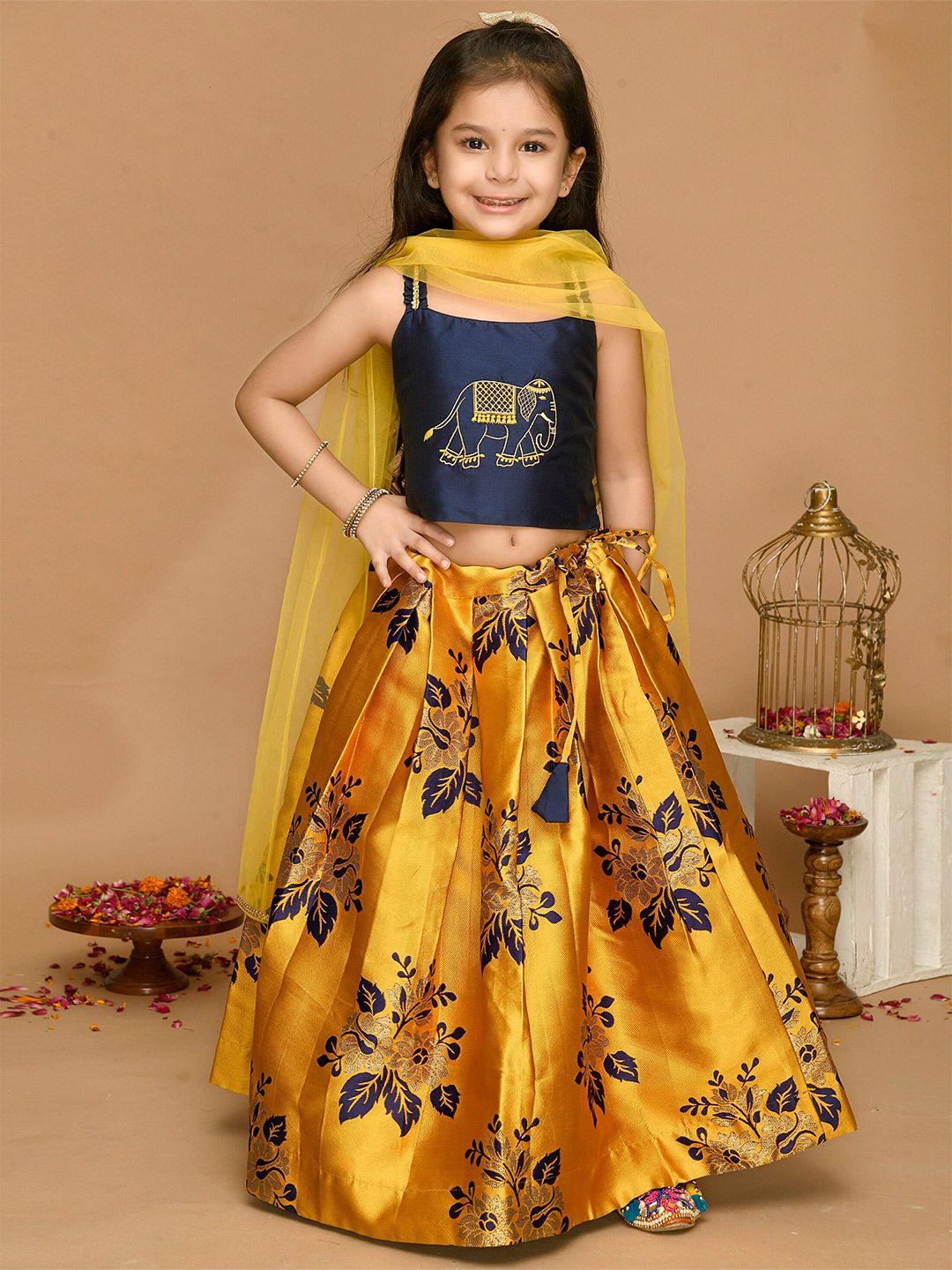 SAKA DESIGNS Girls Mustard & Blue Embroidered Ready to Wear Lehenga & Blouse With Dupatta Price in India