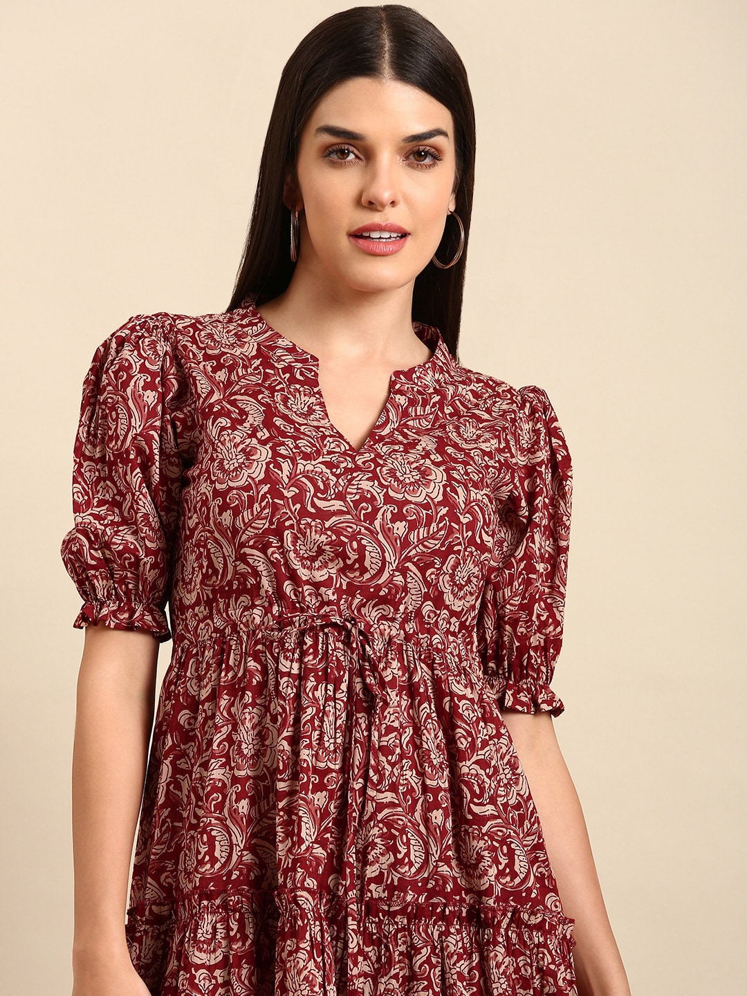 anayna Red Floral Ethnic A-Line Cotton Midi Dress Price in India