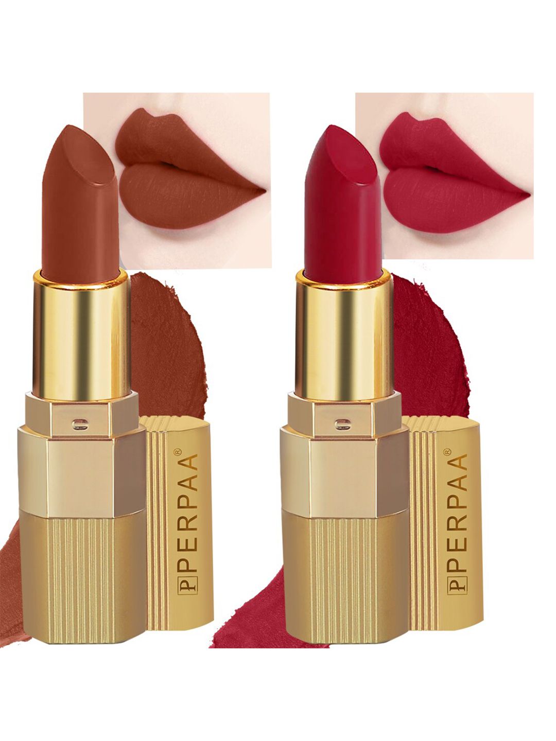 PERPAA Set of 2 Xpression Weightless Matte Long-Lasting Waterproof Lipsticks 3.5 g Each - Rust Brown 301 - Apple Red 303