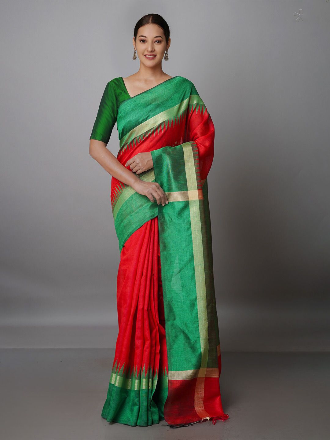 Unnati Silks Red & Green Zari Silk Blend Bhagalpuri Saree Price in India