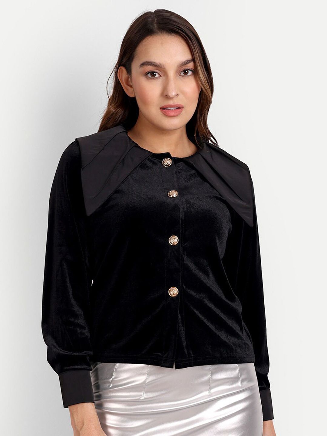 iki chic Black Studded Velvet Satin Collar & Cuffs Shirt Style Top Price in India