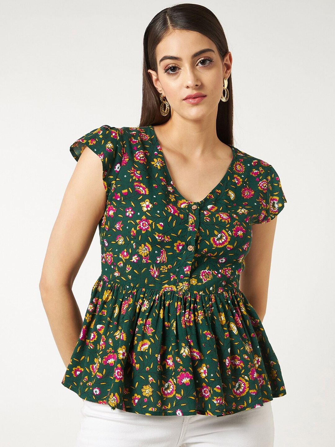 Pannkh Floral Print Extended Sleeves Crepe Top Price in India