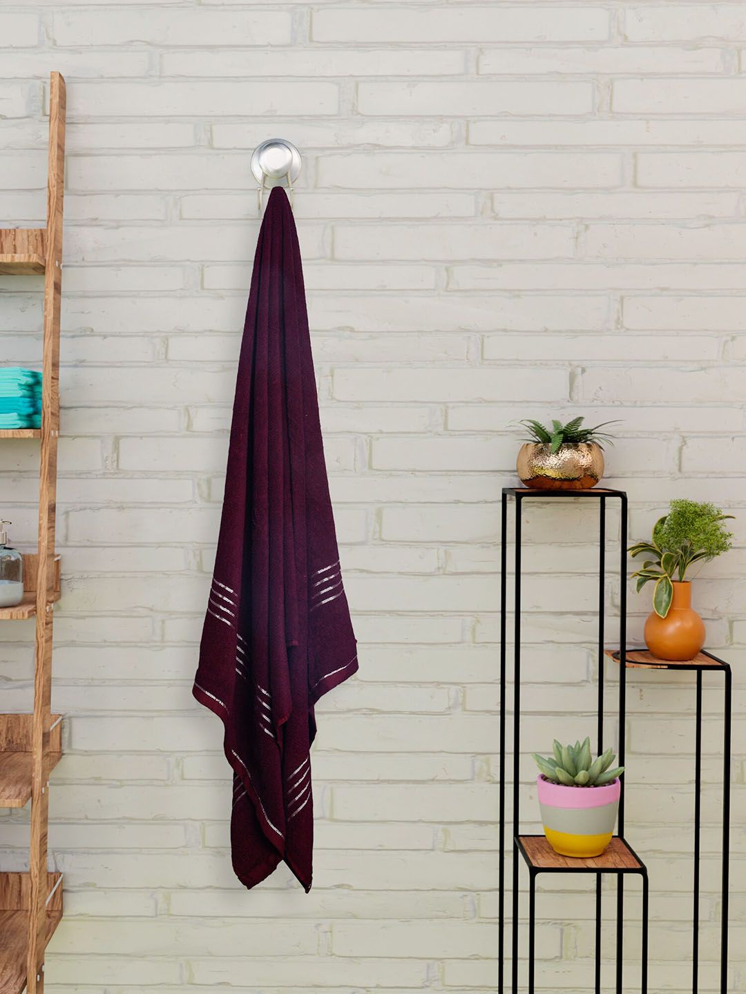 CURIOUS LIFESTYLE Maroon Striped Detail 400 GSM Pure Cotton Reversible Bath Towel