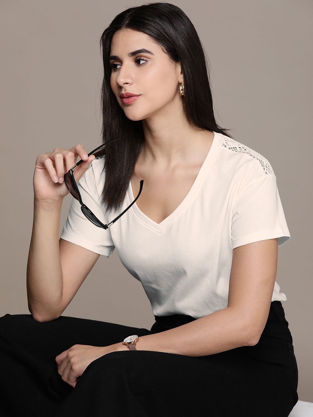 French Connection Solid V-Neck Pure Cotton T-shirt With Lace Detail On Shoulder