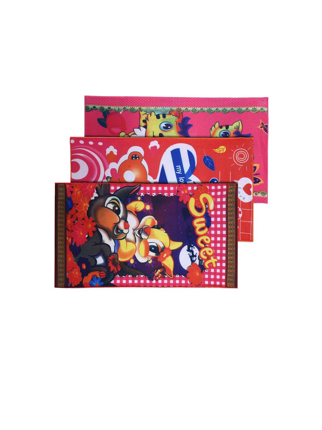 Kuber Industries Kids Set Of 3 Pink & Red Rabbit With Cat & Teddy Printed Super Absorbent 350 GSM Cotton Bath Towels