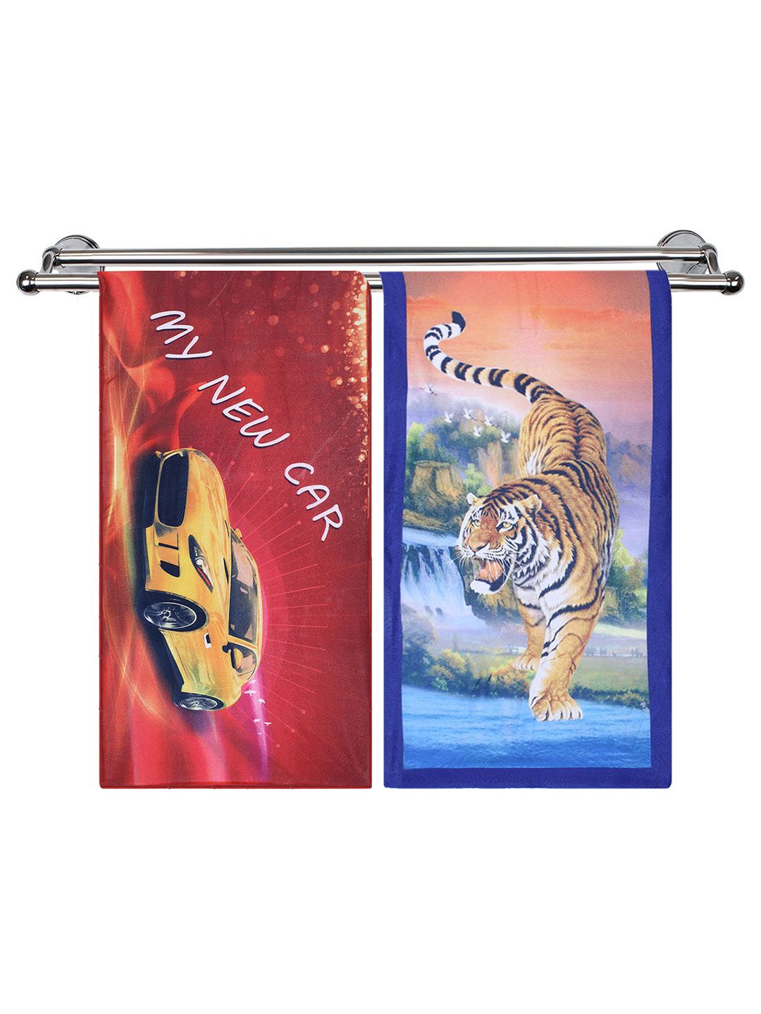 Kuber Industries Kids Set Of 2 Maroon & Orange Car With Tiger Printed Super Absorbent 350 GSM Cotton Bath Towels