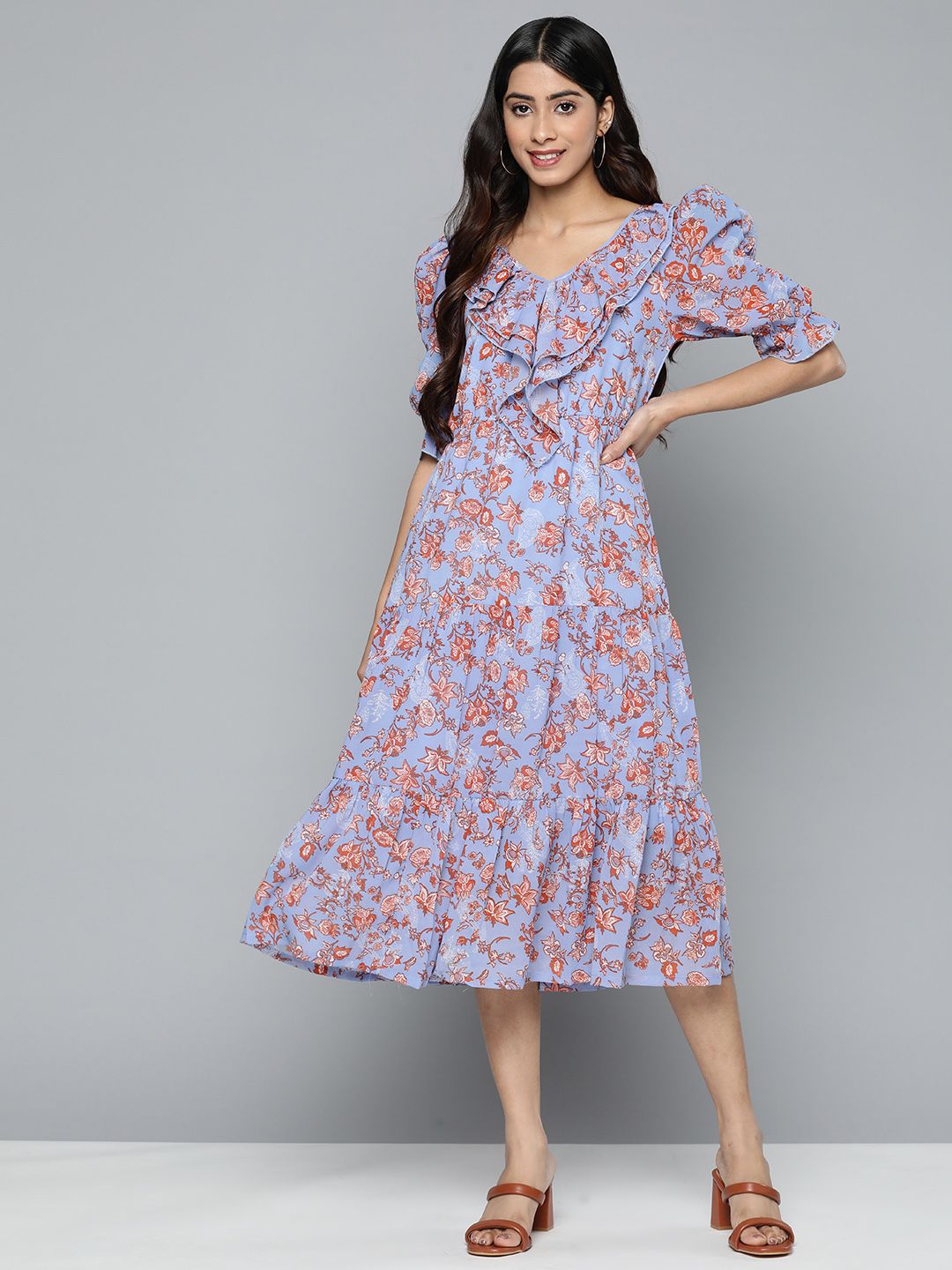 HERE&NOW Floral Puff Sleeves Tiered Crepe Midi Dress Price in India