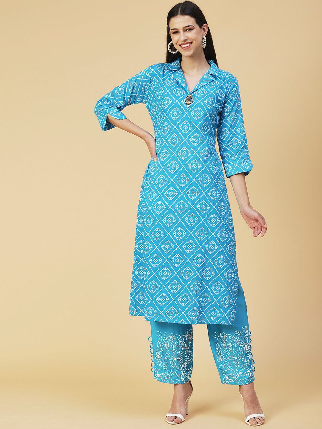 FASHOR Women Blue Bandhani Printed Pure Cotton Kurta with Trousers Price in India