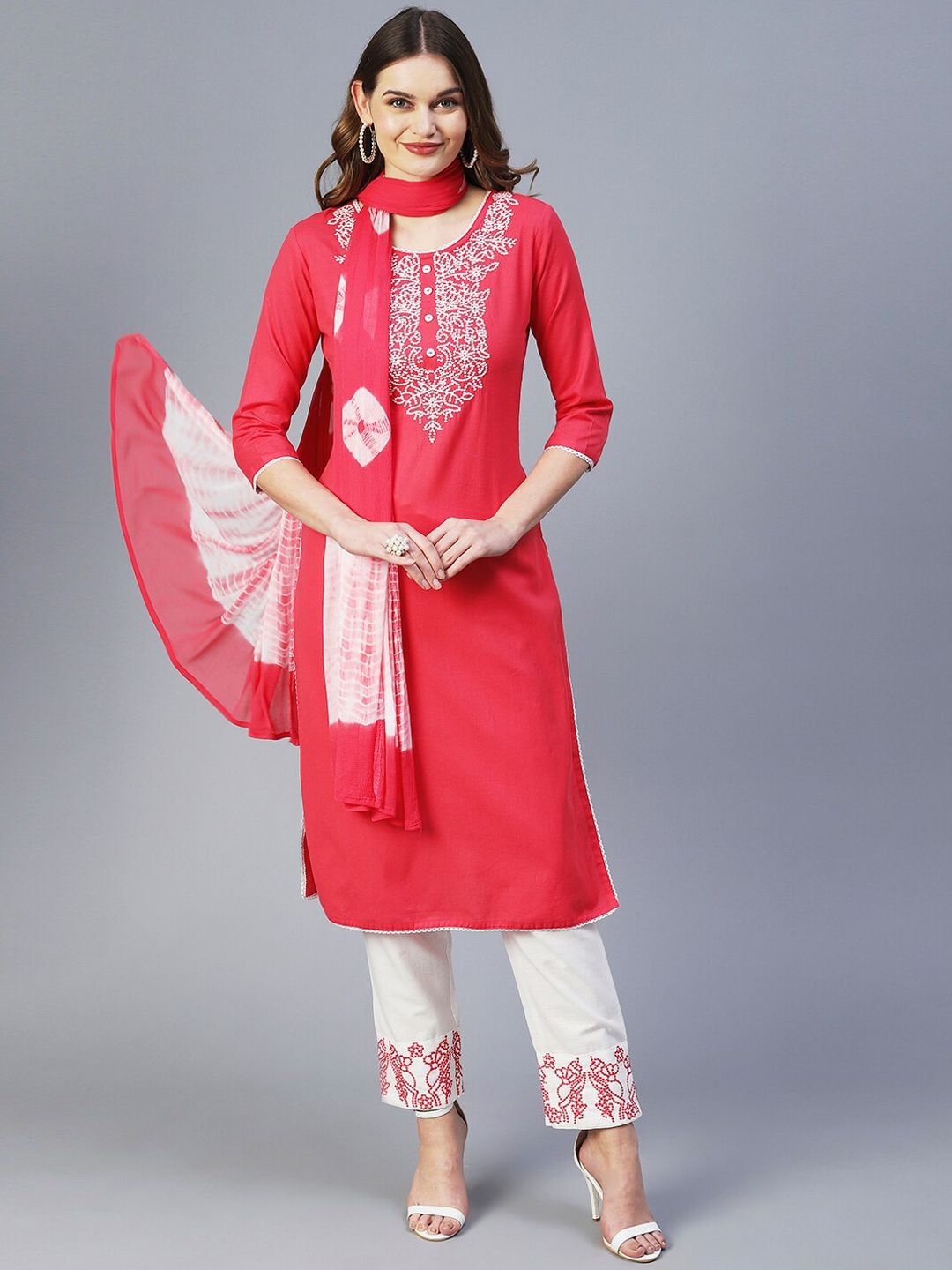 FASHOR Women Embroidered Thread Work Pure Cotton Kurta with Trousers & Dupatta Price in India